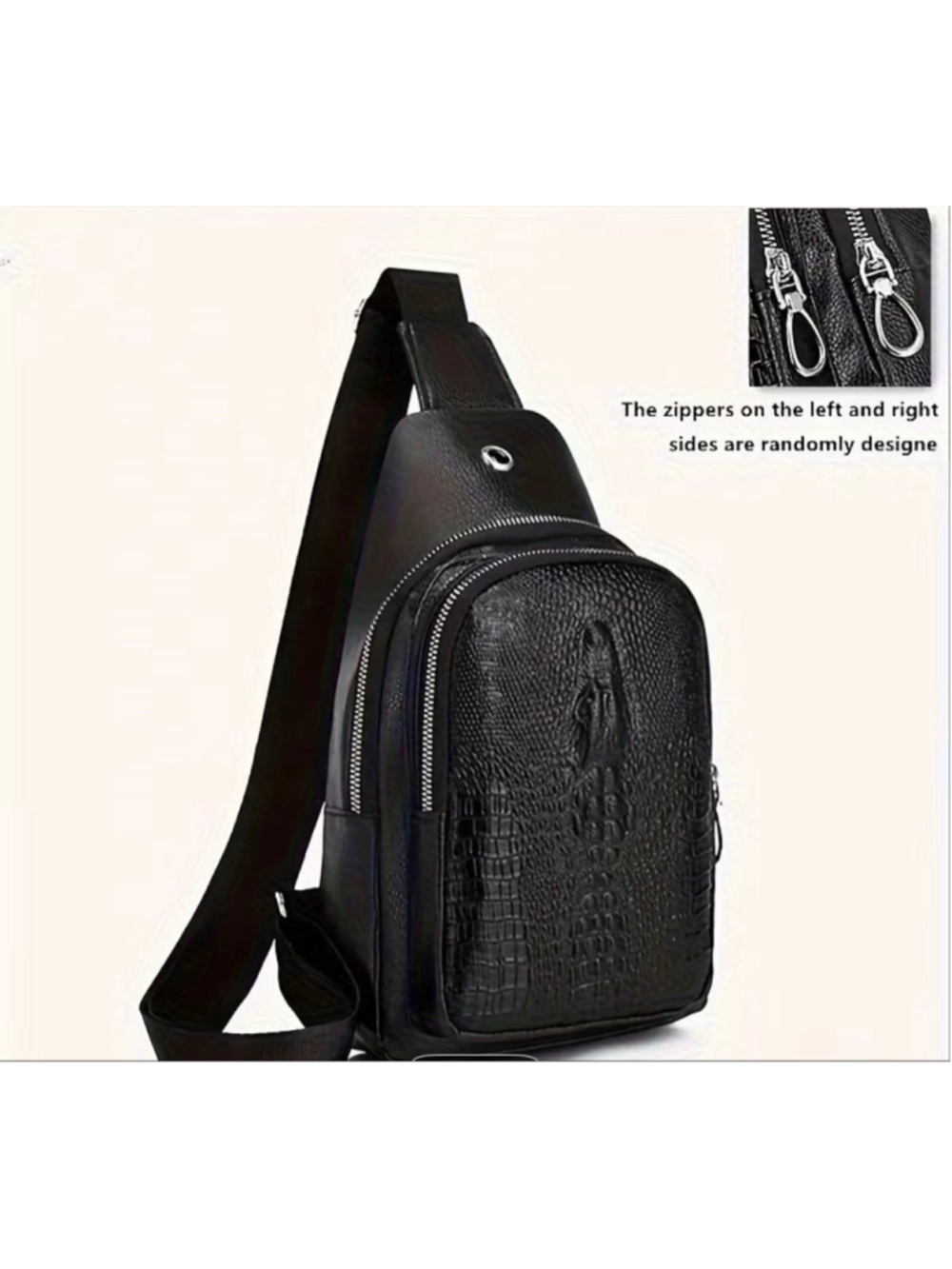 Unisex Black Crocodile Embossed Crossbody Bag - Picture 8 of 9